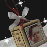 baby's wooden block Christmas ornament with baby's photo from Fireside Emporium